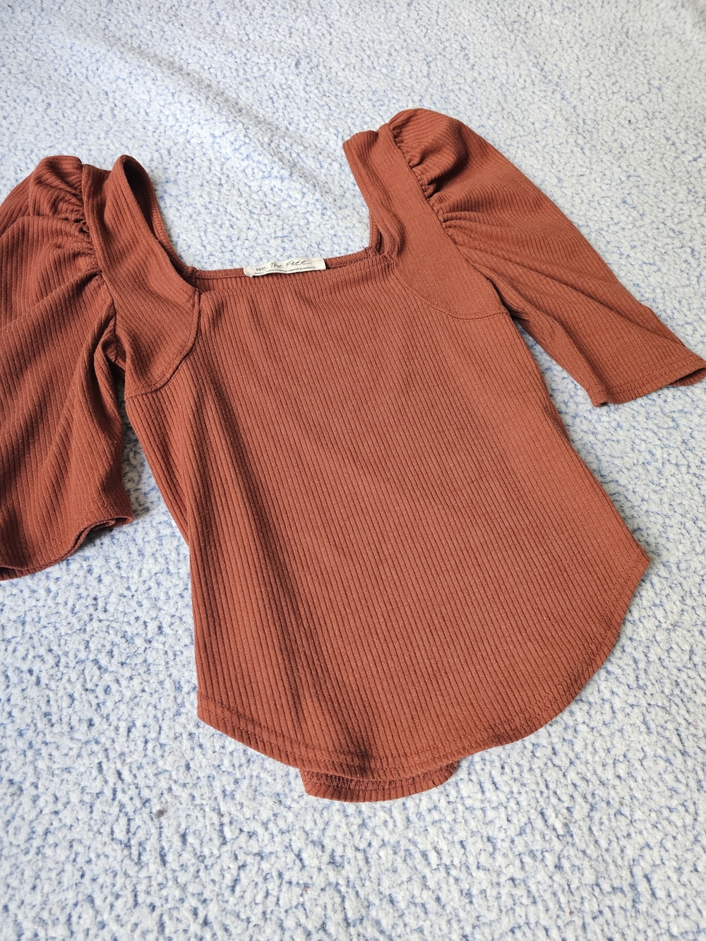 We The Free Rust Ribbed Square Neck Puff Sleeve Top